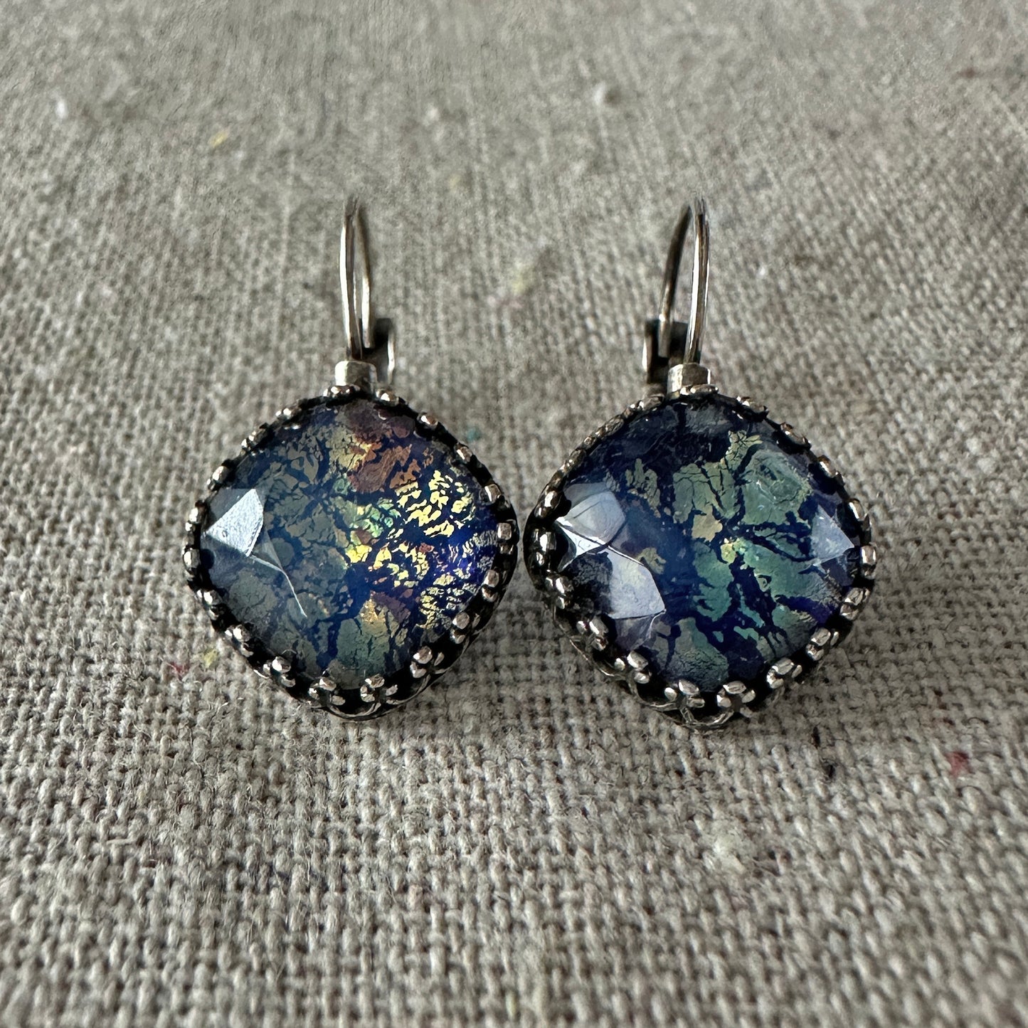 Cobalt Mirror Opal Earrings • Large Cushion
