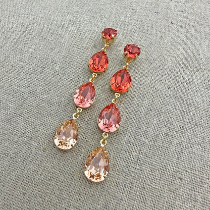 Triple Pear Long Post Earrings • Coral + Peach Ombre
