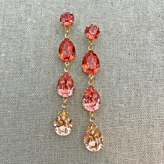Triple Pear Long Post Earrings • Coral + Peach Ombre