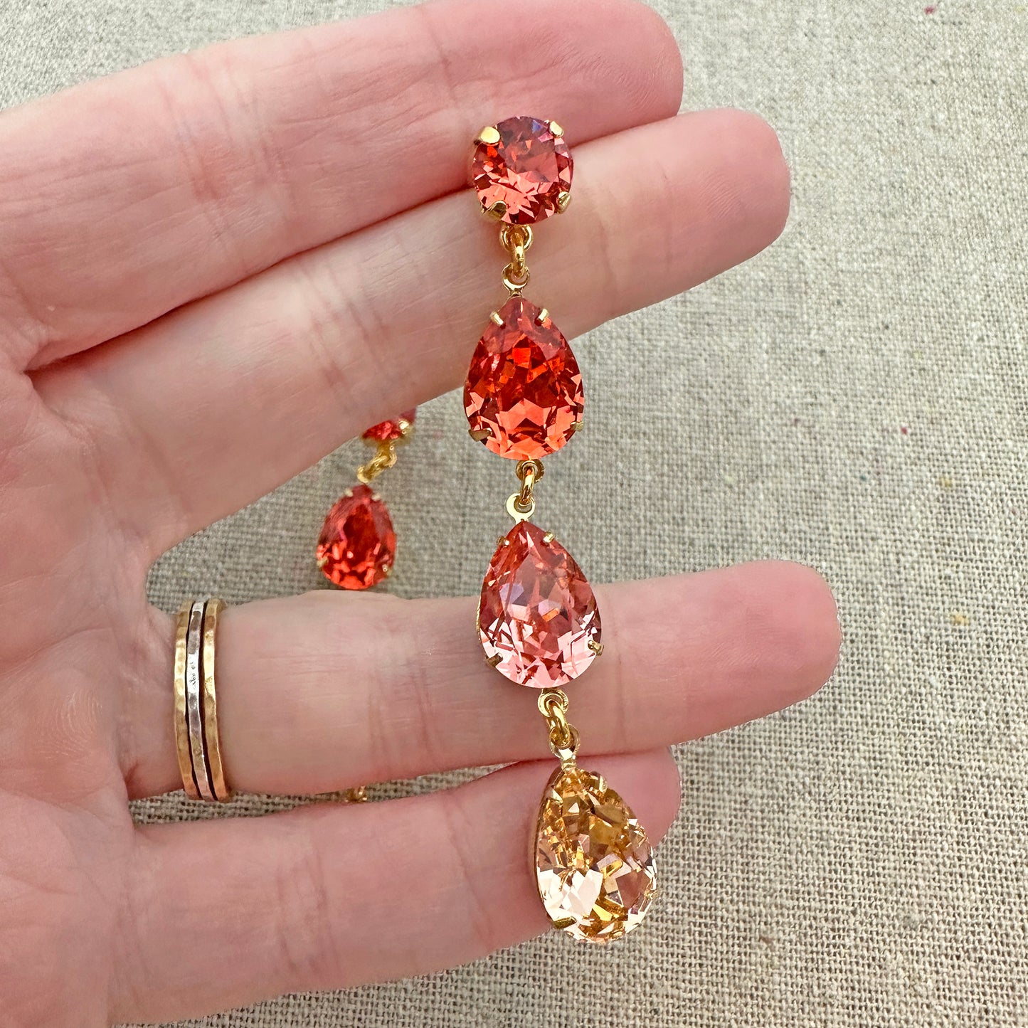 Triple Pear Long Post Earrings • Coral + Peach Ombre