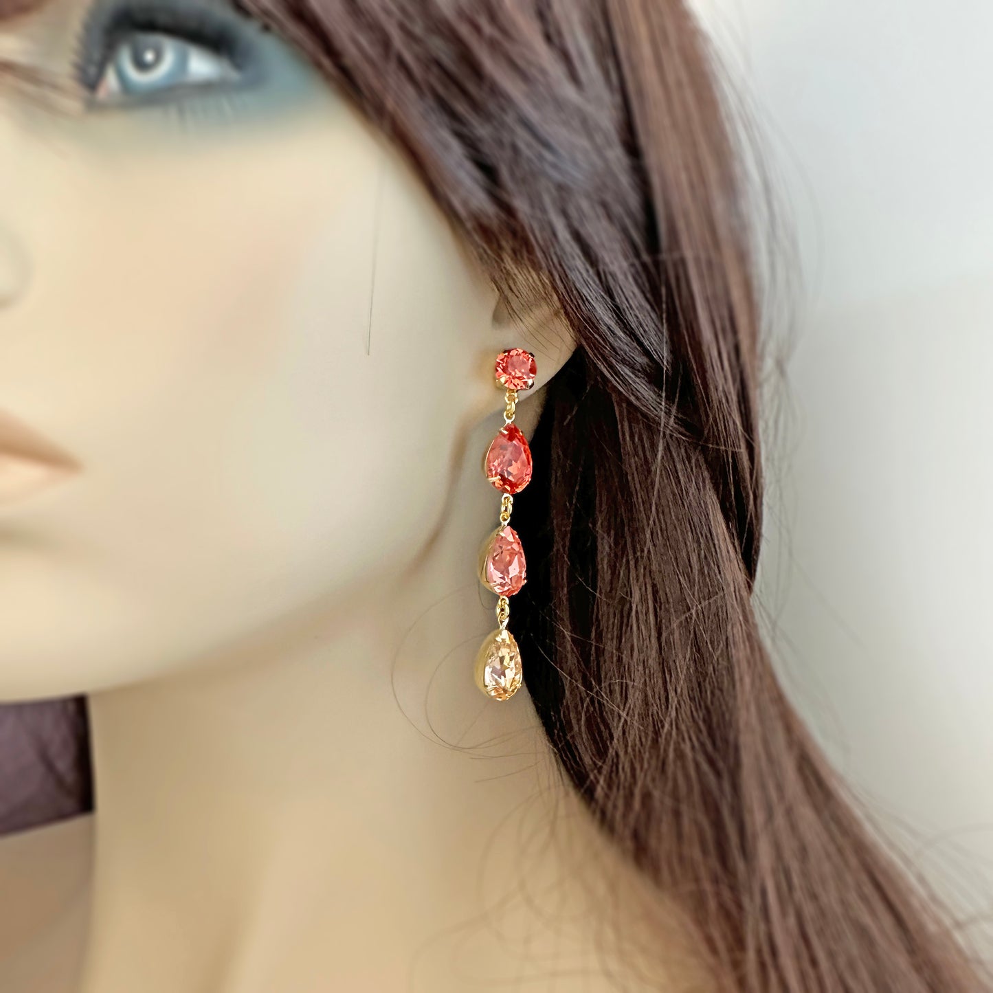 Triple Pear Long Post Earrings • Coral + Peach Ombre