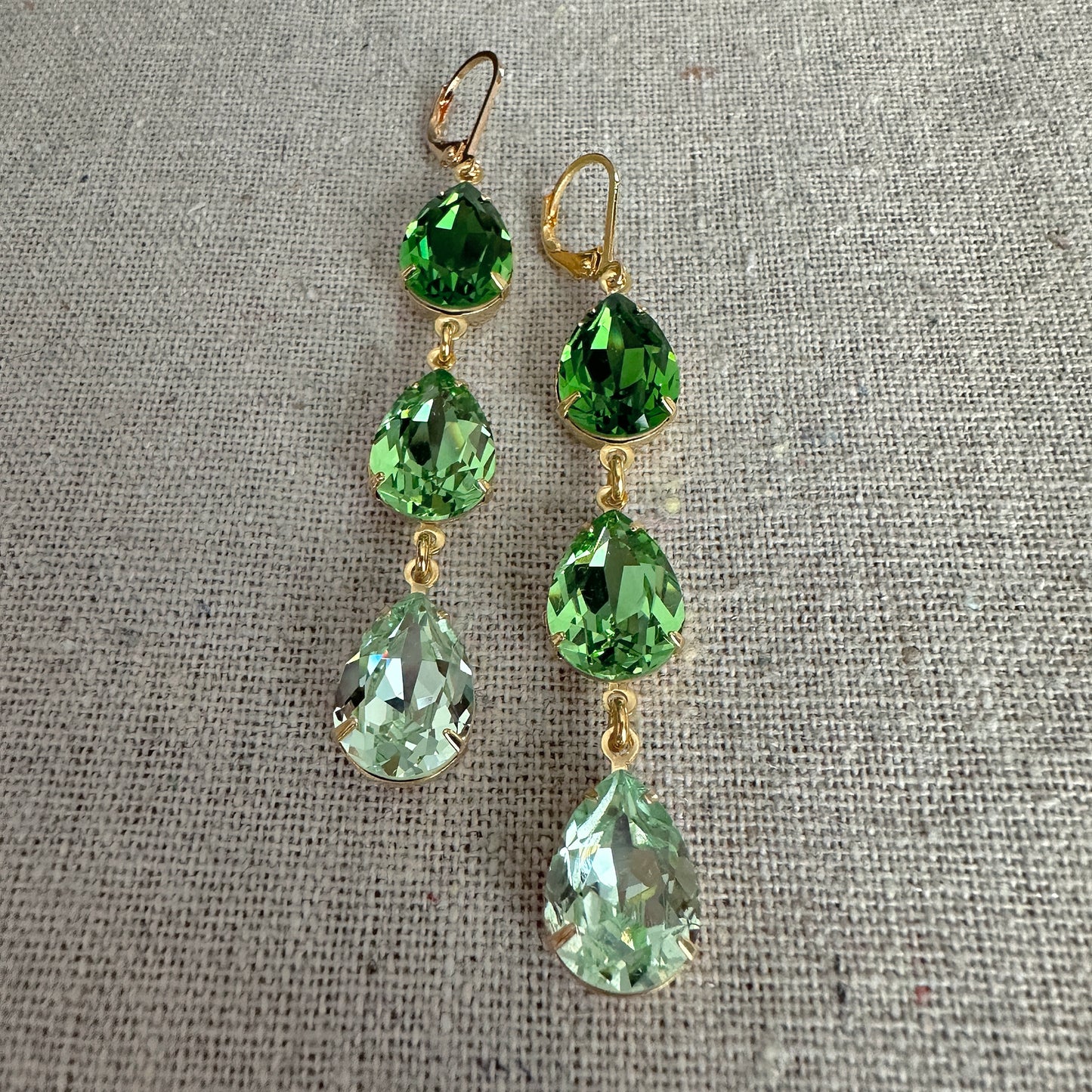 Triple Pear Long Lever Back Earrings • Green Ombre