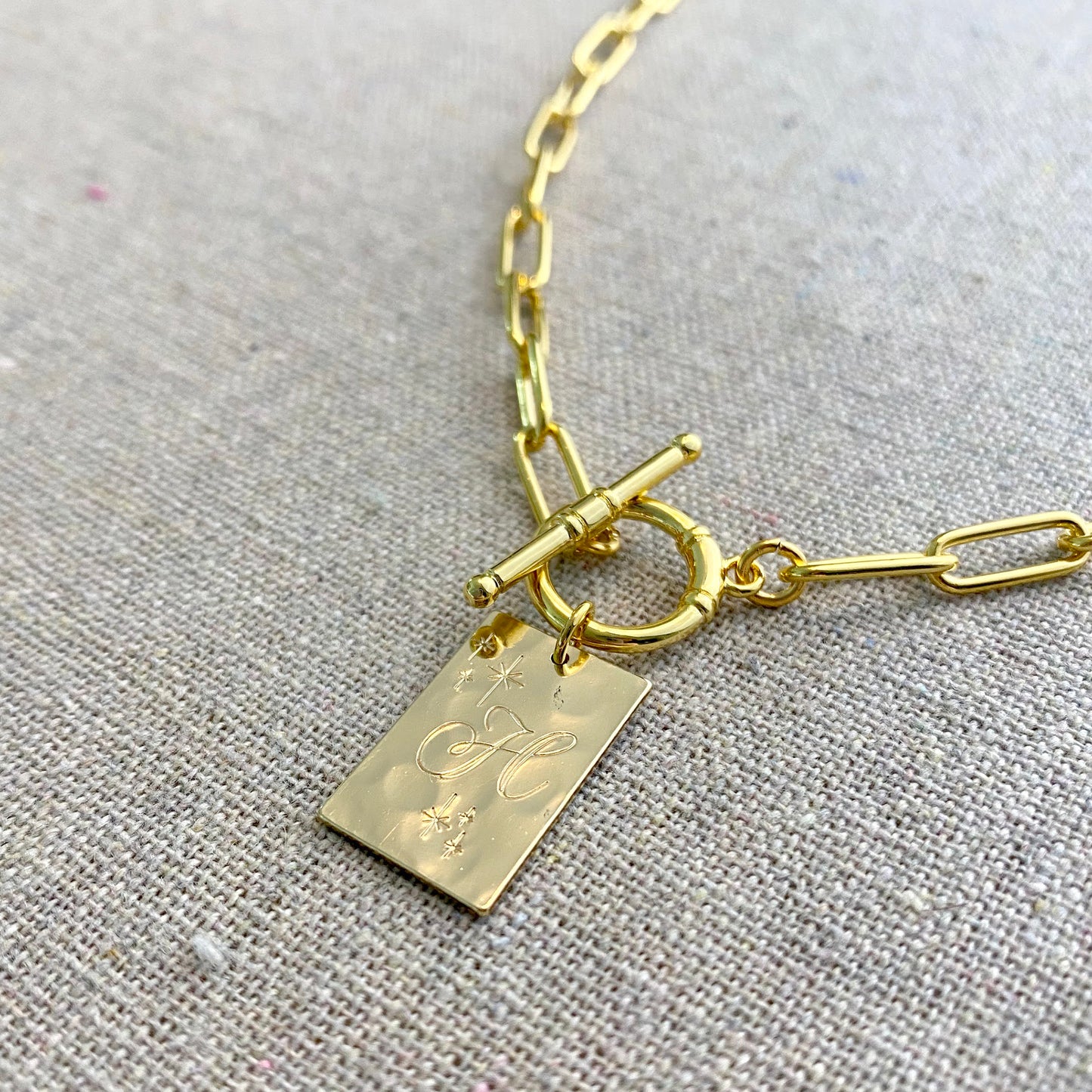 Chunky Paperclip Toggle Initial Necklace • Hammered Pendant