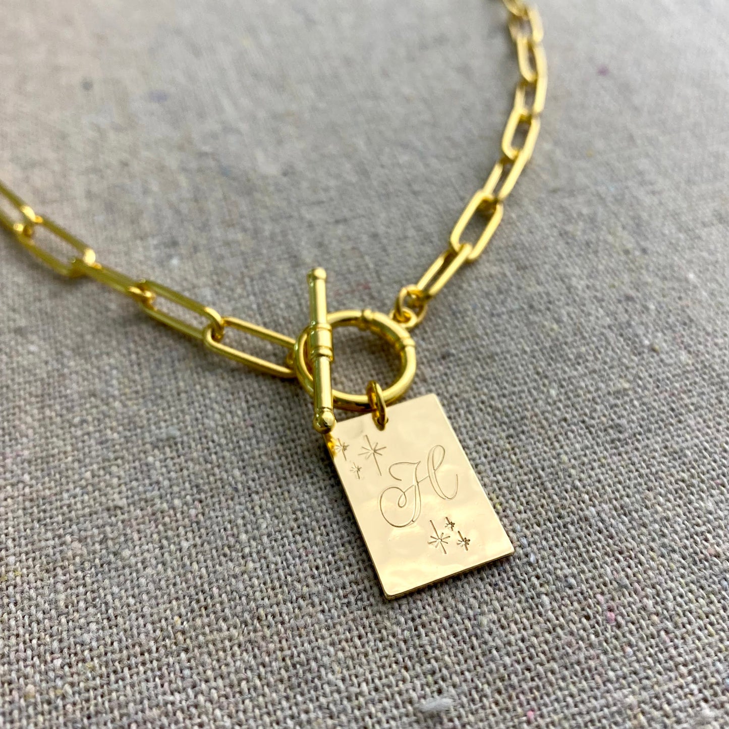 Chunky Paperclip Toggle Initial Necklace • Hammered Pendant