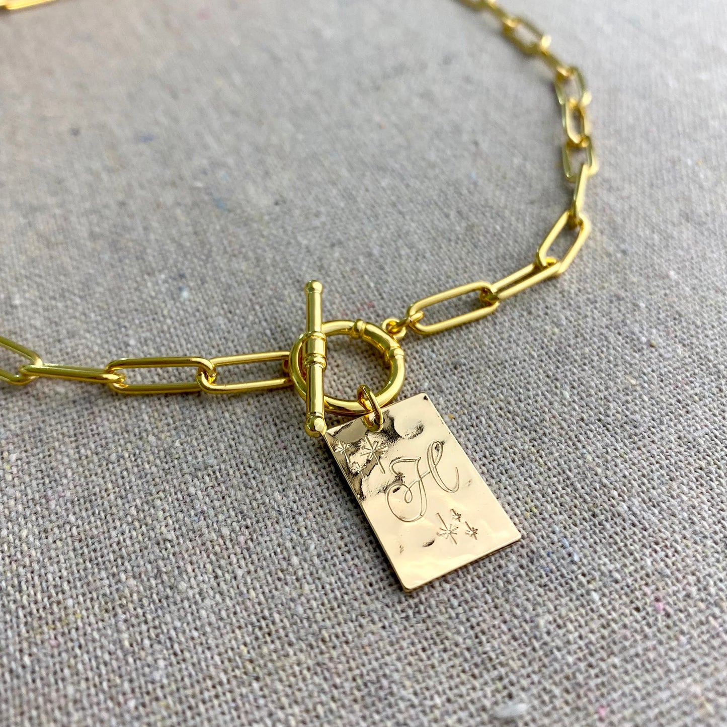 Chunky Paperclip Toggle Initial Necklace • Hammered Pendant