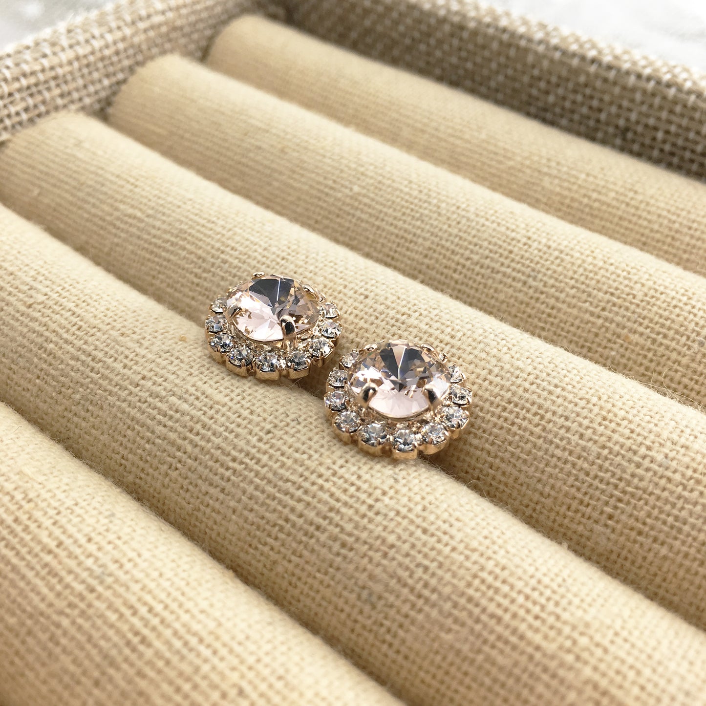 Faux Morganite Blush Pink Rose Gold Cushion Swarovski Crystal Post Earrings