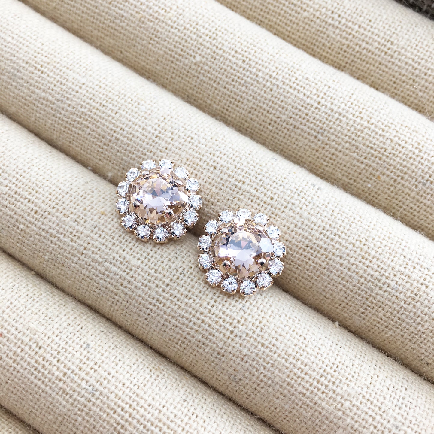 Faux Morganite Blush Pink Rose Gold Cushion Swarovski Crystal Post Earrings