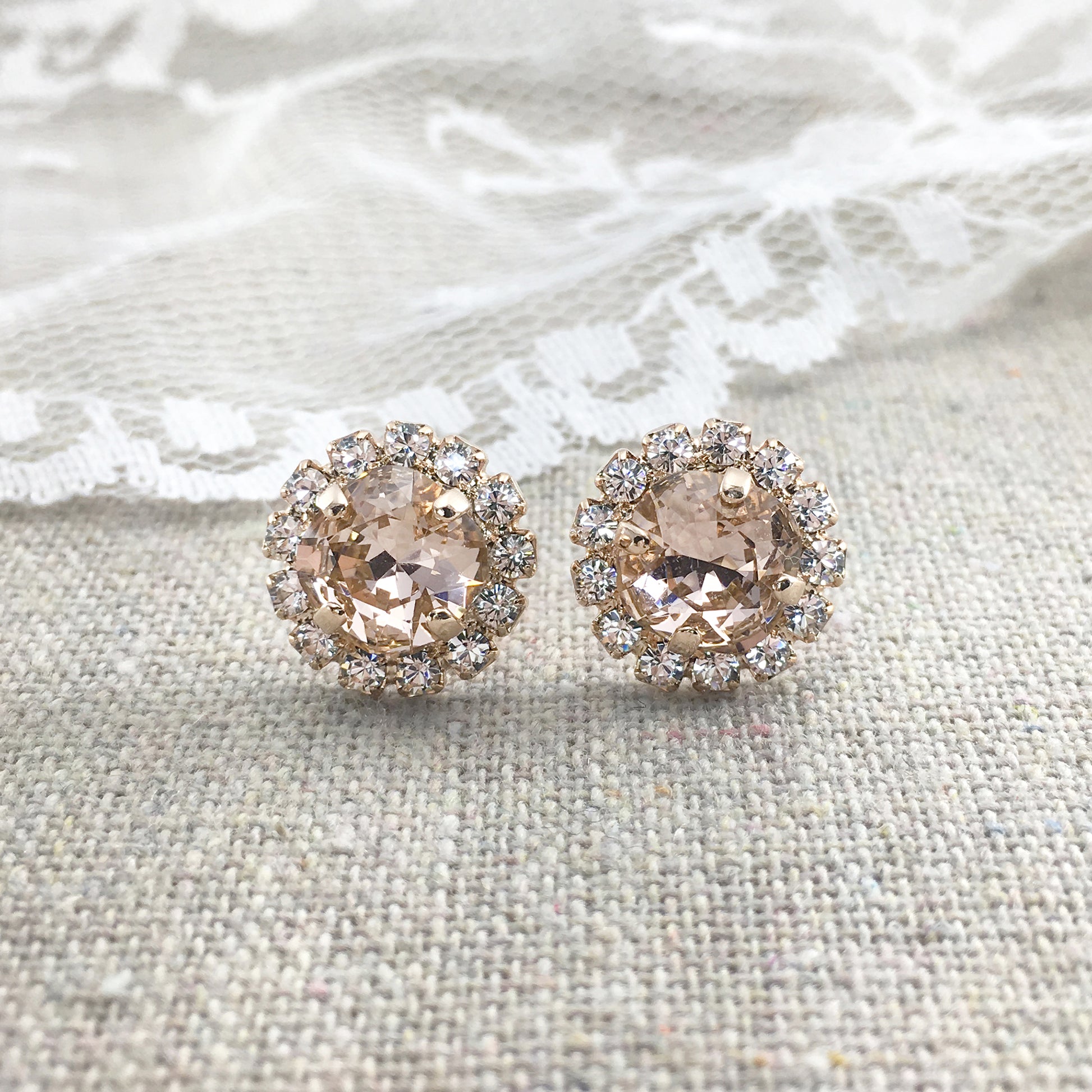 Faux Morganite Blush Pink Rose Gold Cushion Swarovski Crystal Post Earrings
