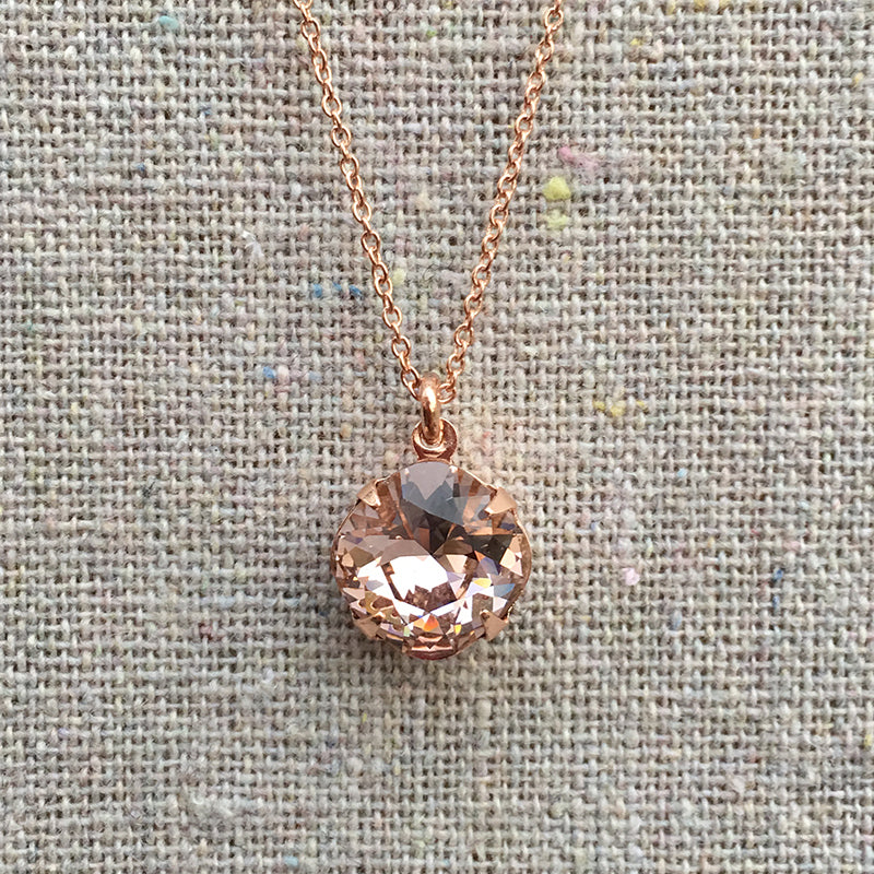 Heatherly Jewelry Rose Gold Faux Morganite Blush Pink Cushion Swarovski Crystal Necklace