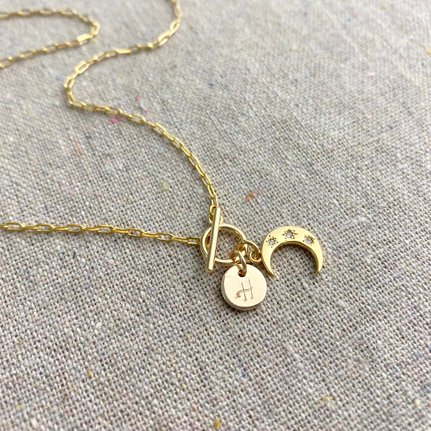 Dainty Crescent Initial Toggle Necklace
