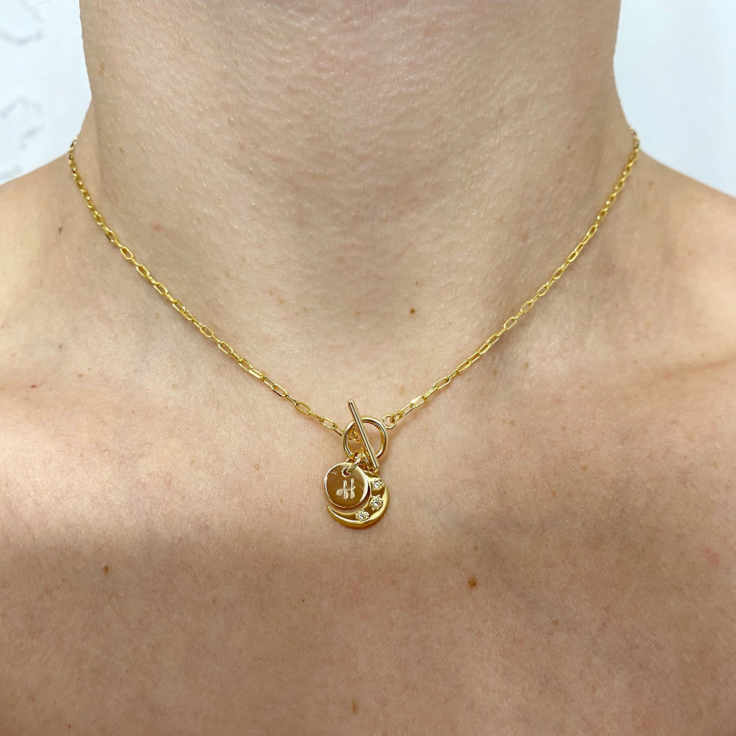 Dainty Crescent Initial Toggle Necklace