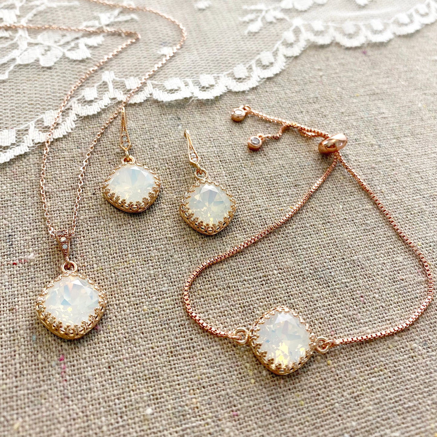 Large Cushion Crown Pavé Dangling Earrings, Necklace & Bracelet Set