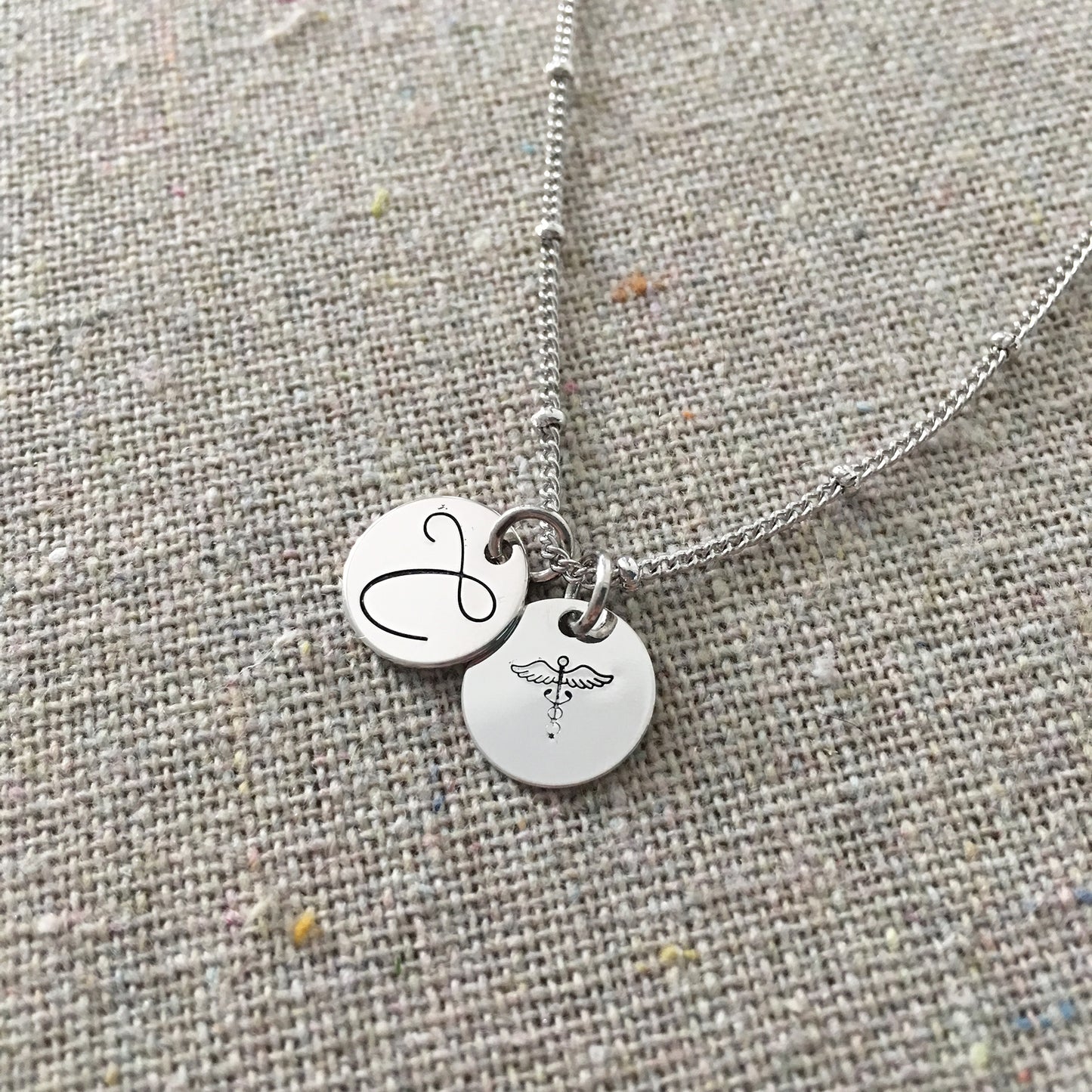 Monogram & Caduceus Coin Charm Necklace