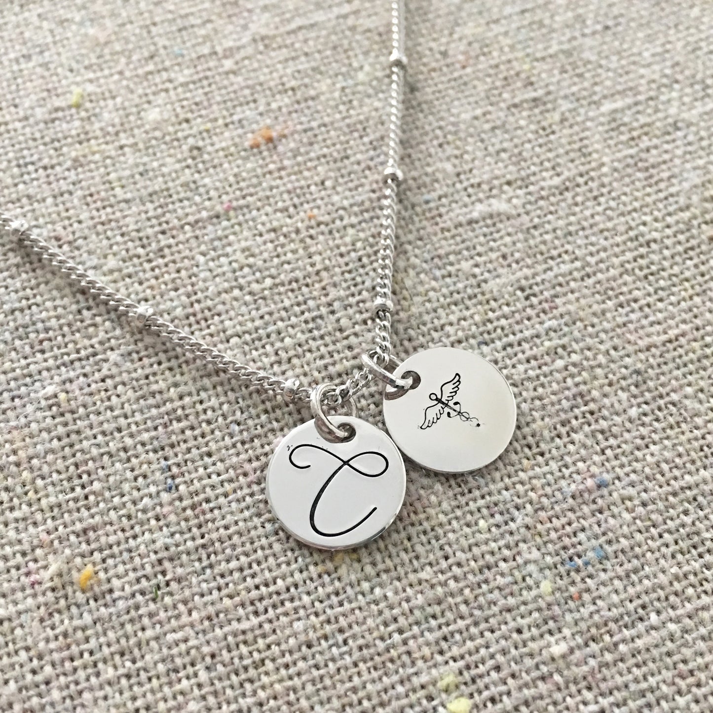 Monogram & Caduceus Coin Charm Necklace
