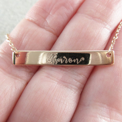 Horizontal Hand Stamped Nameplate Bar Necklace Rose Gold