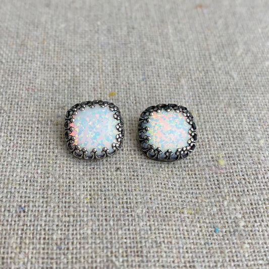 Snow Opal Crown Post Earrings • 10mm