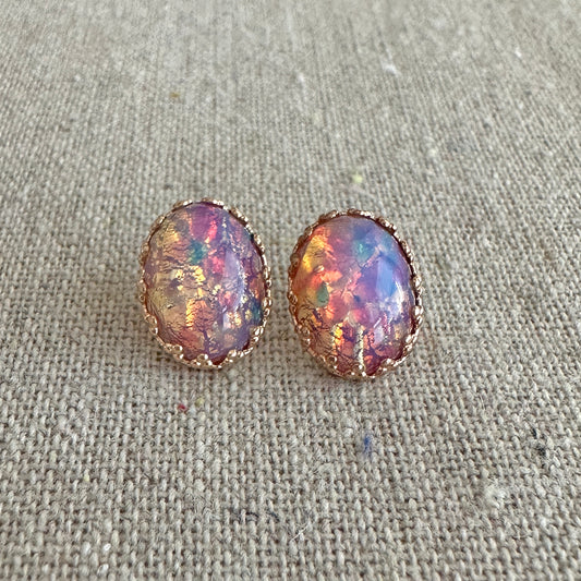Fire Opal Crown Post Earrings • Medium Oval