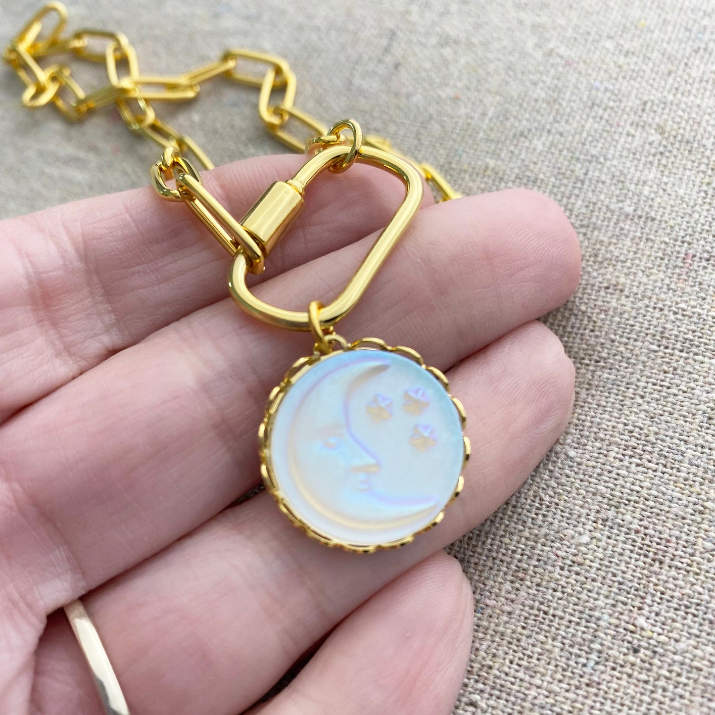 Chunky Paperclip Carabiner Clasp Moon Necklace