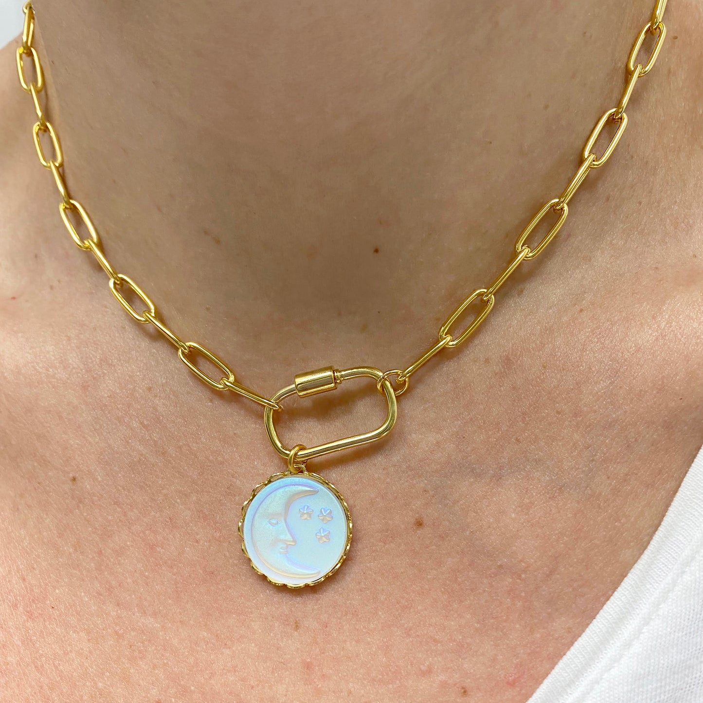 Chunky Paperclip Carabiner Clasp Moon Necklace