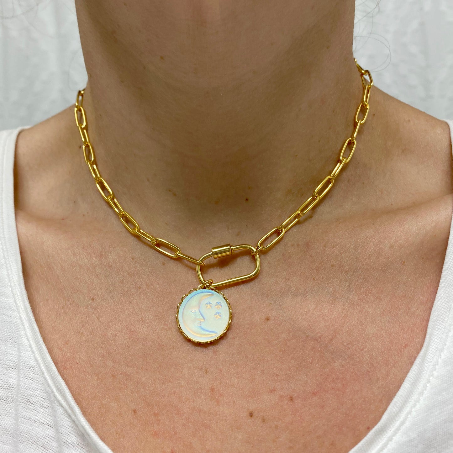 Chunky Paperclip Carabiner Clasp Moon Necklace