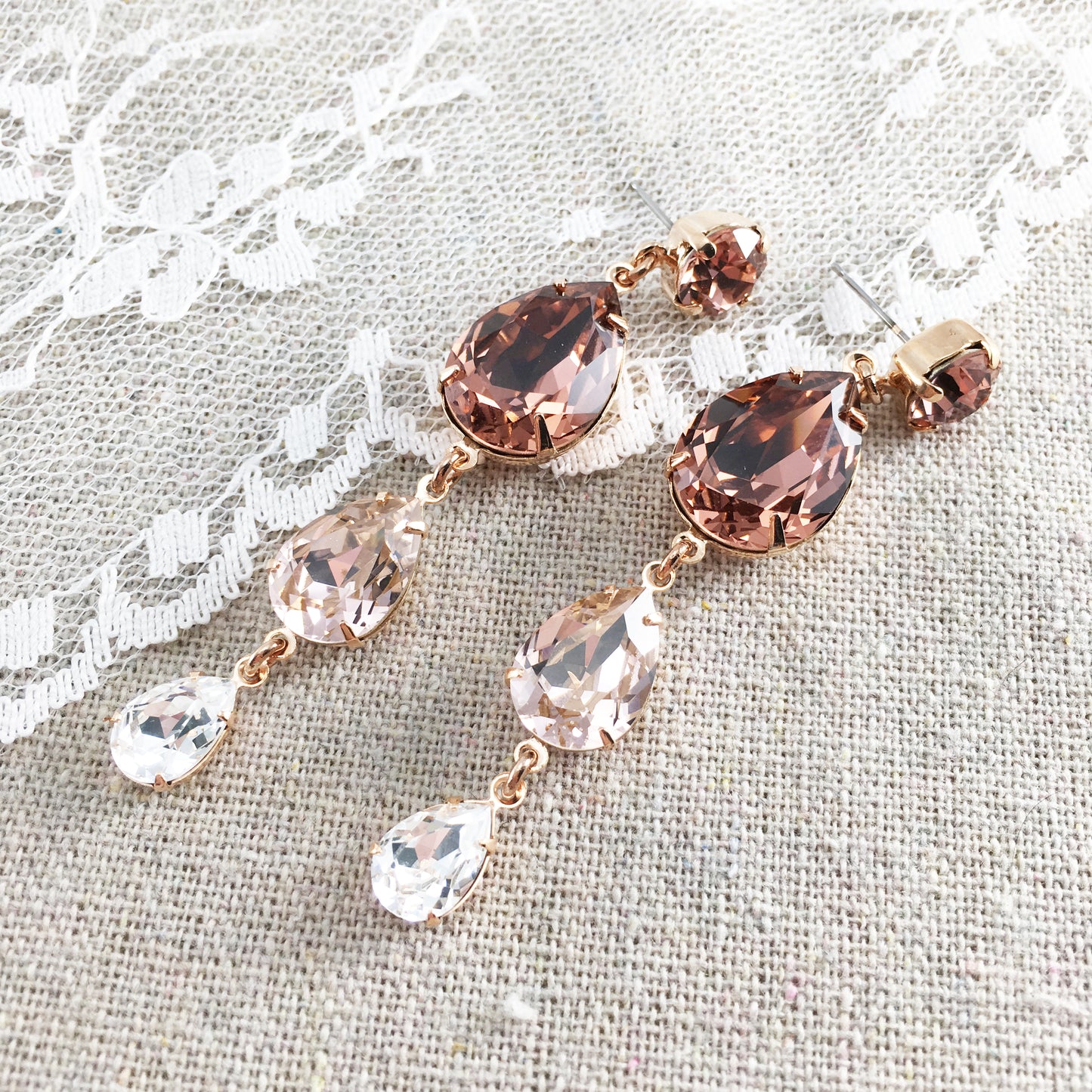 Extra Long Dangling Swarovski Crystal Post Earrings Blush Pink Dusty Rose