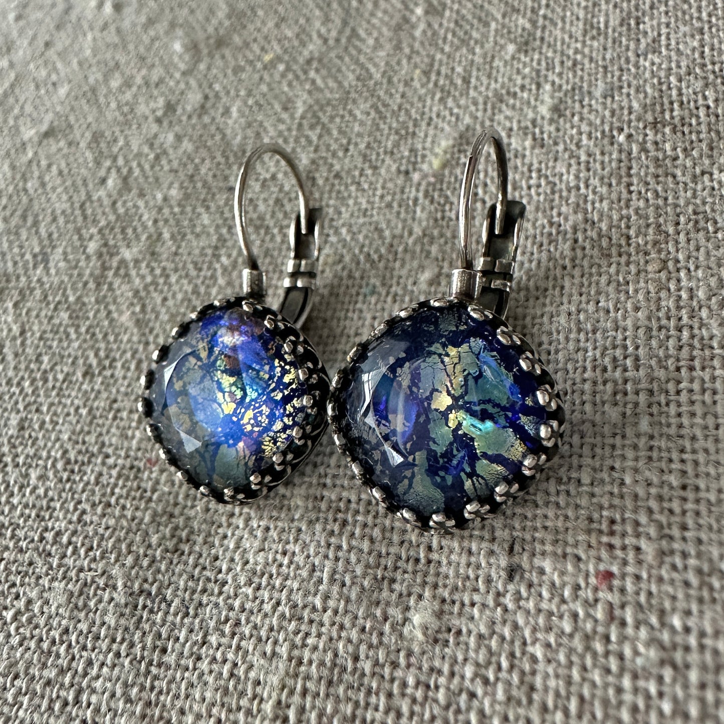 Cobalt Mirror Opal Earrings • Large Cushion