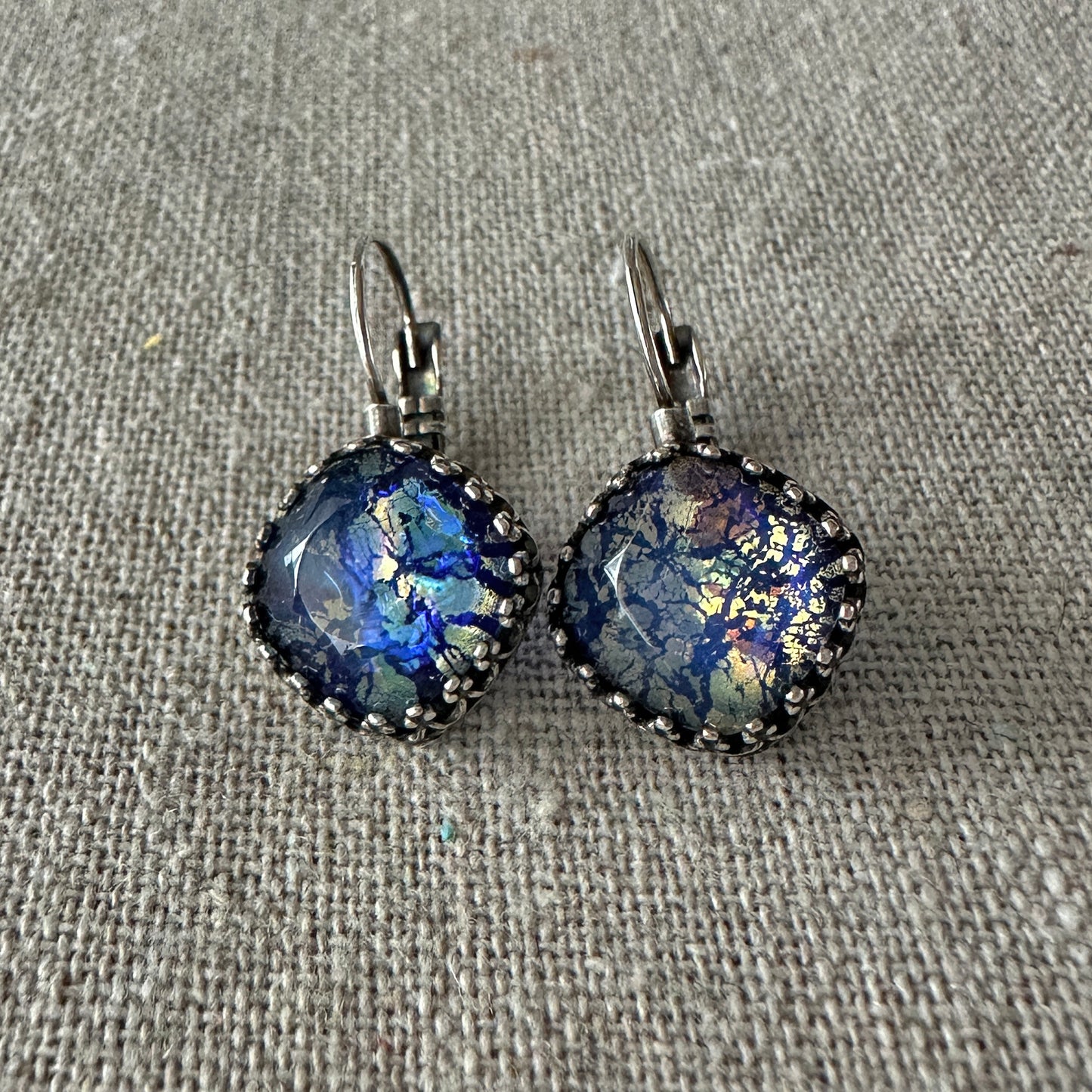 Cobalt Mirror Opal Earrings • Large Cushion