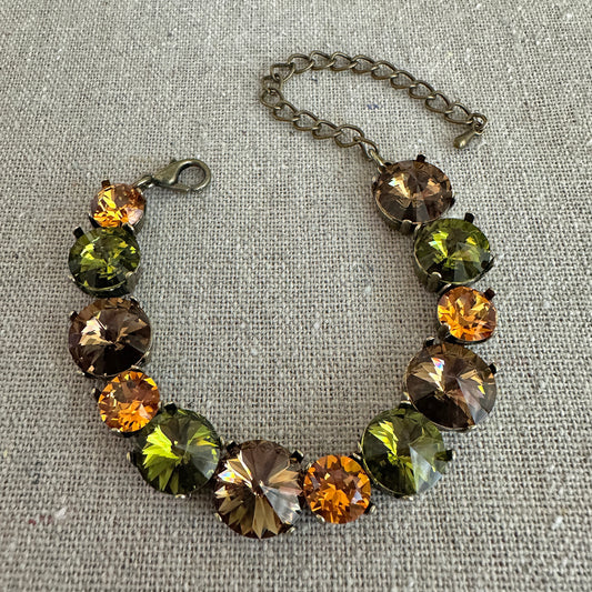 Diamante & Rivoli Mixed Size Adjustable Tennis Bracelet • Woodland Spice