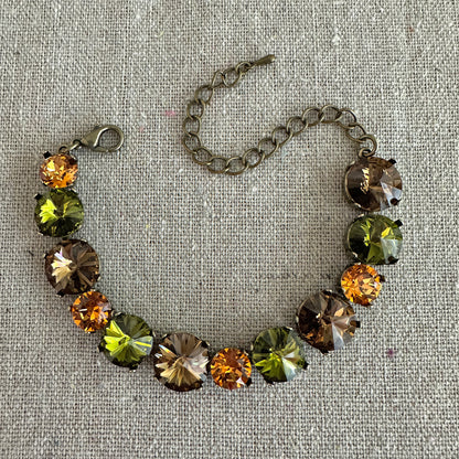 Diamante & Rivoli Mixed Size Adjustable Tennis Bracelet • Woodland Spice