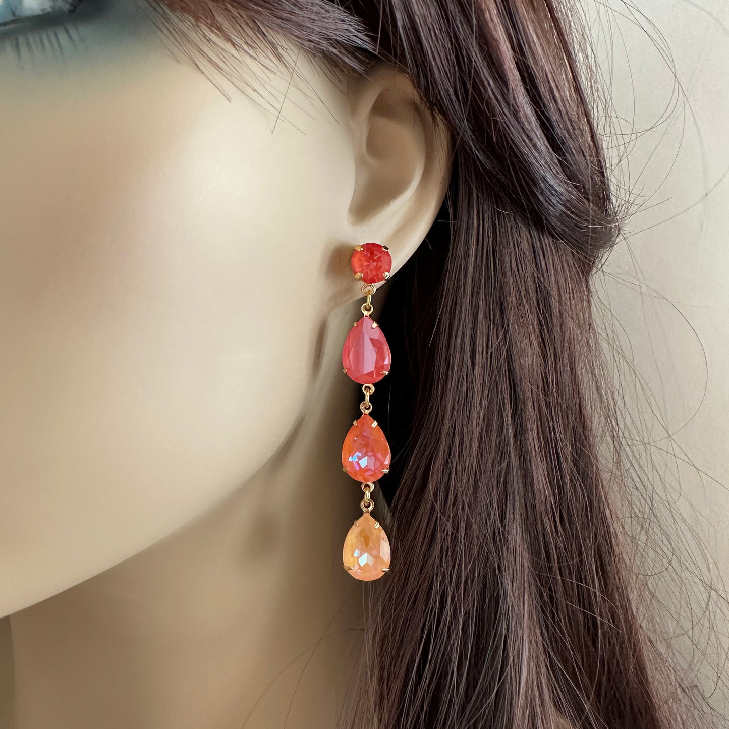 Triple Pear Long Post Earrings • Sunset Glow Ombre