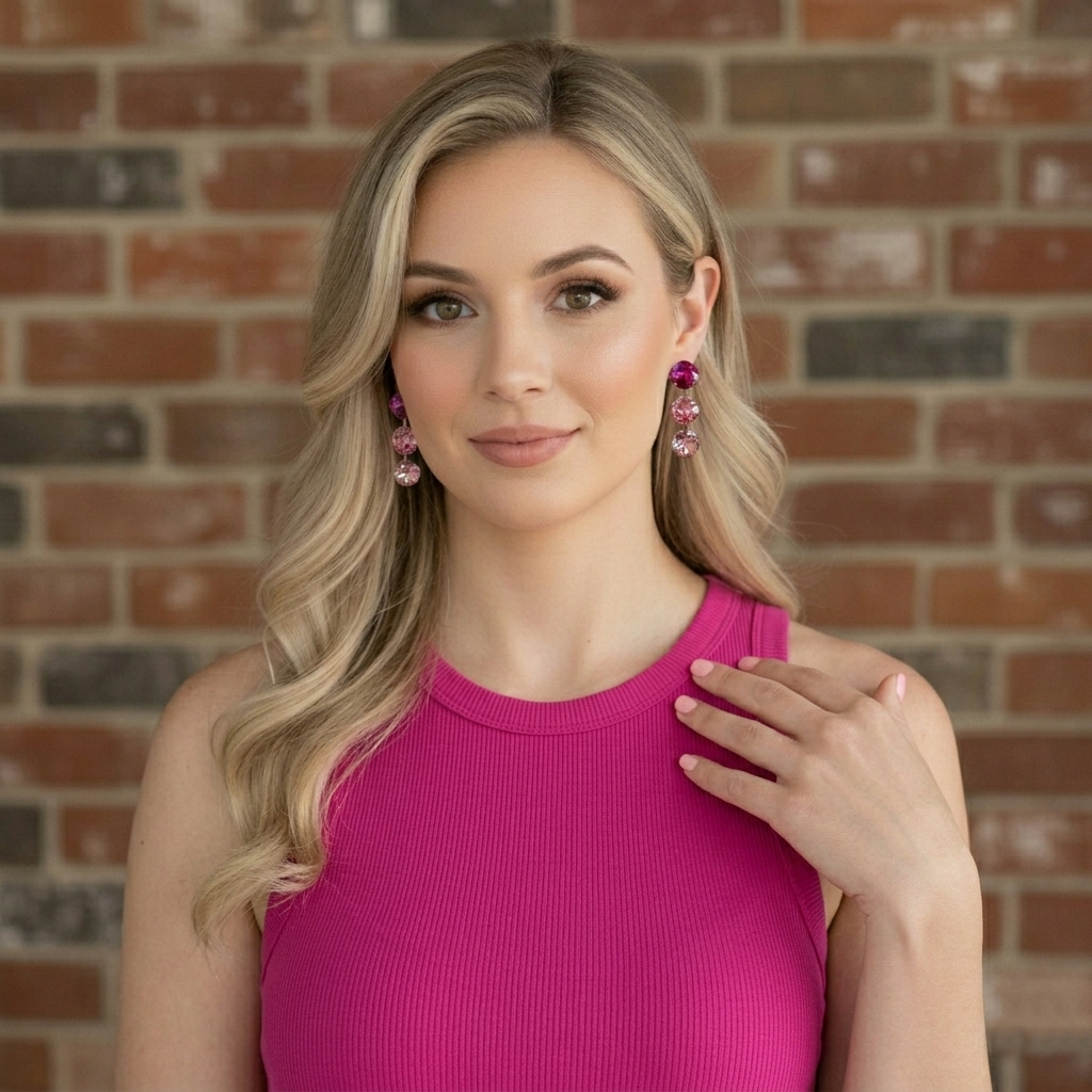 Triple Cushion Dangling Post Earrings • Fuchsia Ombre