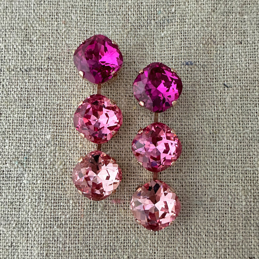 Triple Cushion Dangling Post Earrings • Fuchsia Ombre