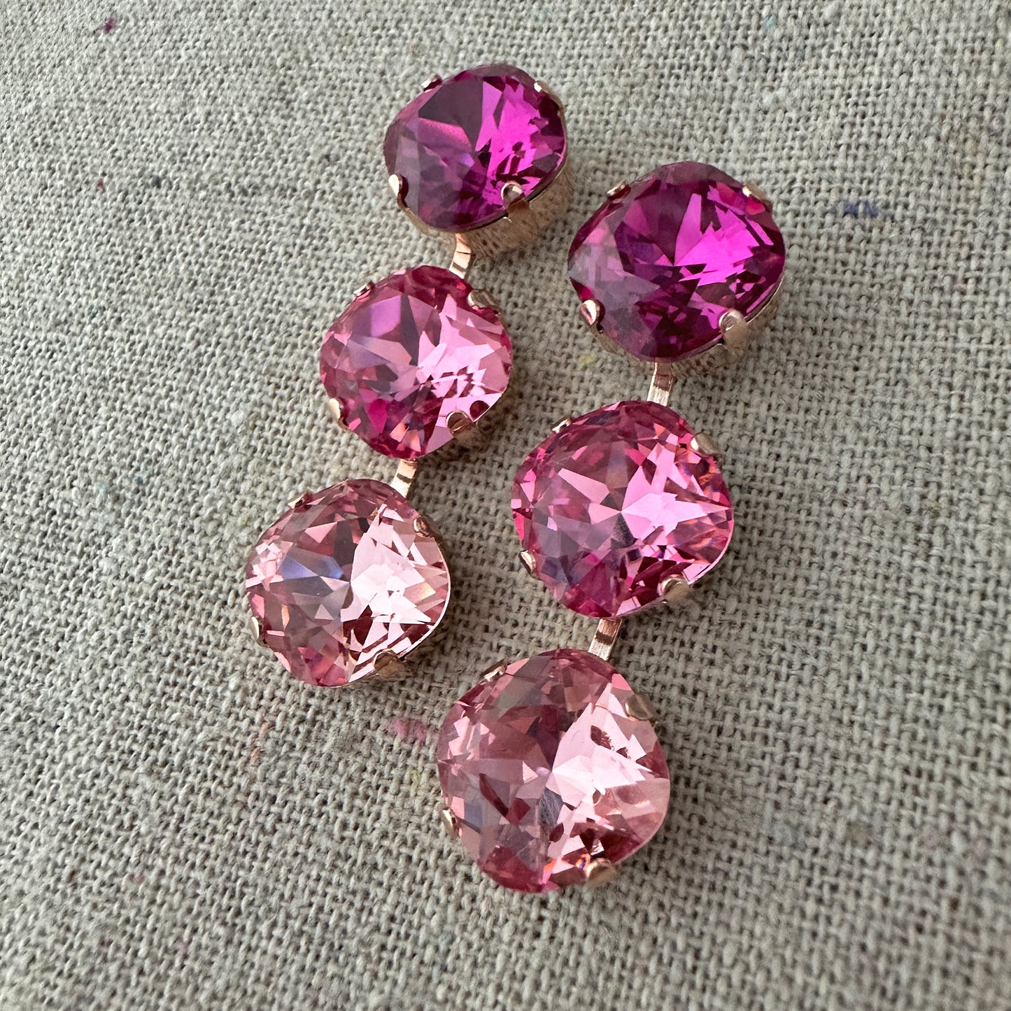 Triple Cushion Dangling Post Earrings • Fuchsia Ombre