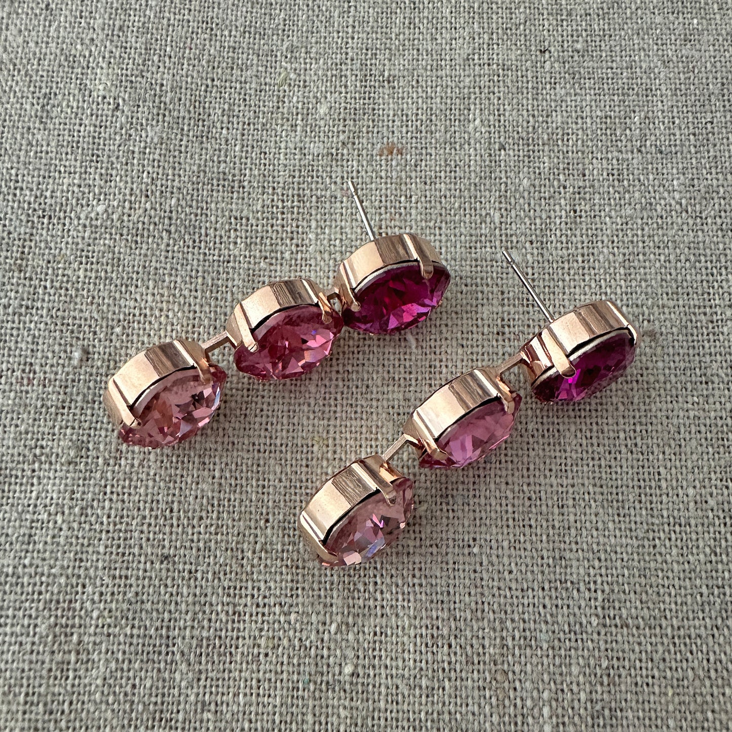 Triple Cushion Dangling Post Earrings • Fuchsia Ombre