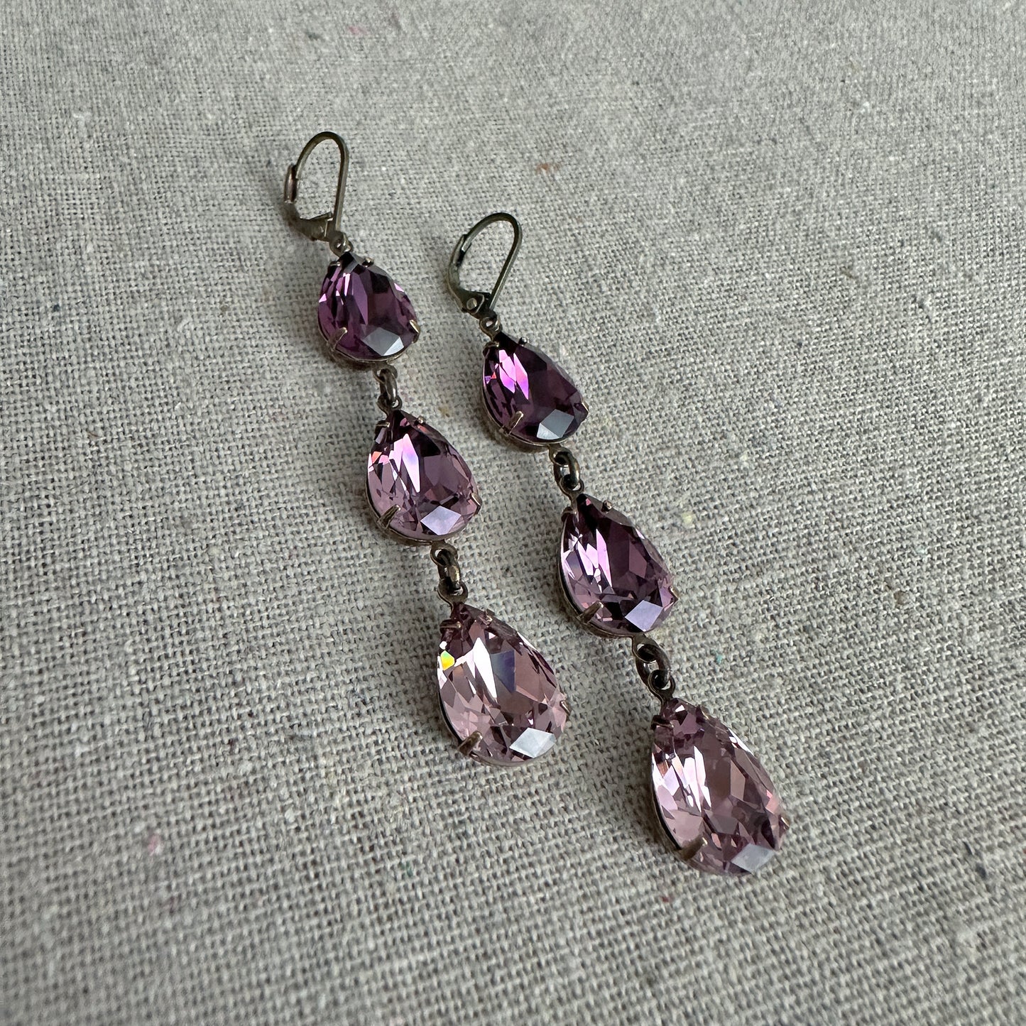 Triple Pear Long Lever Back Earrings • Amethyst Purple Ombre