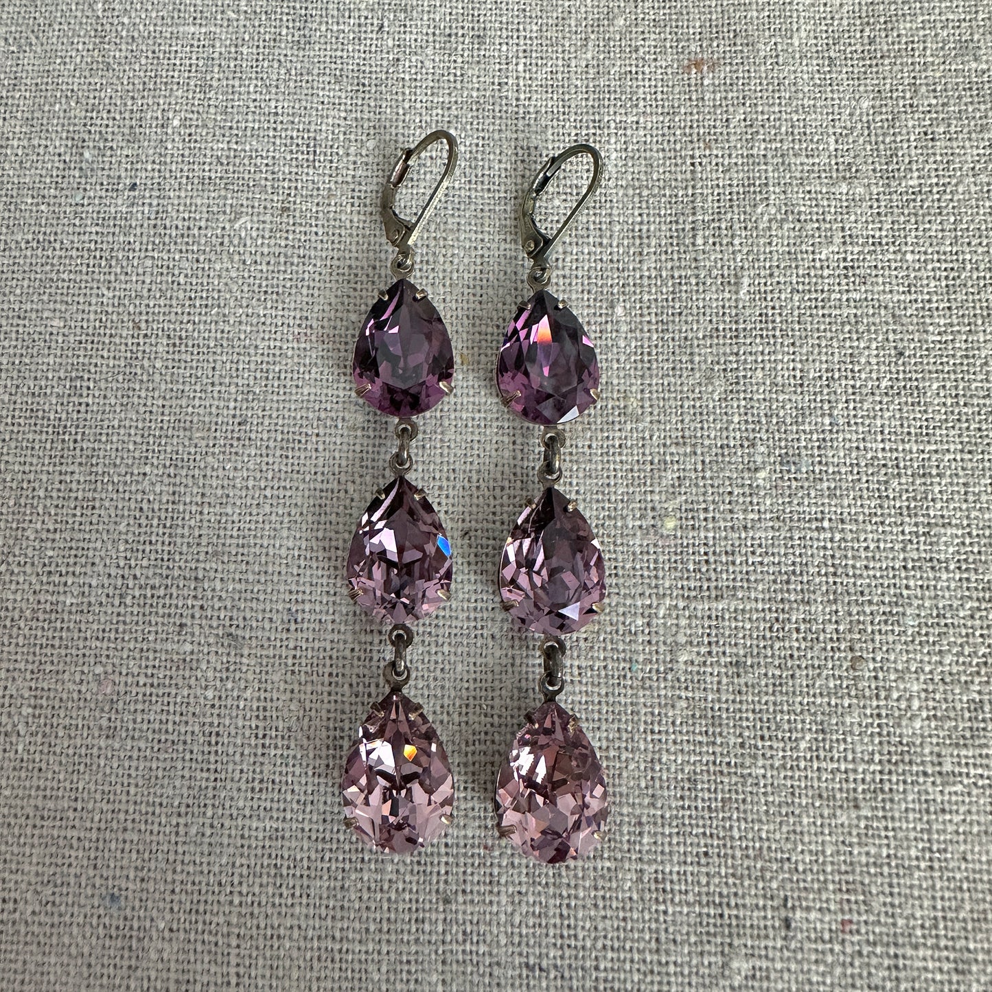 Triple Pear Long Lever Back Earrings • Amethyst Purple Ombre