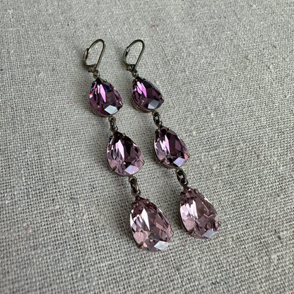 Triple Pear Long Lever Back Earrings • Amethyst Purple Ombre