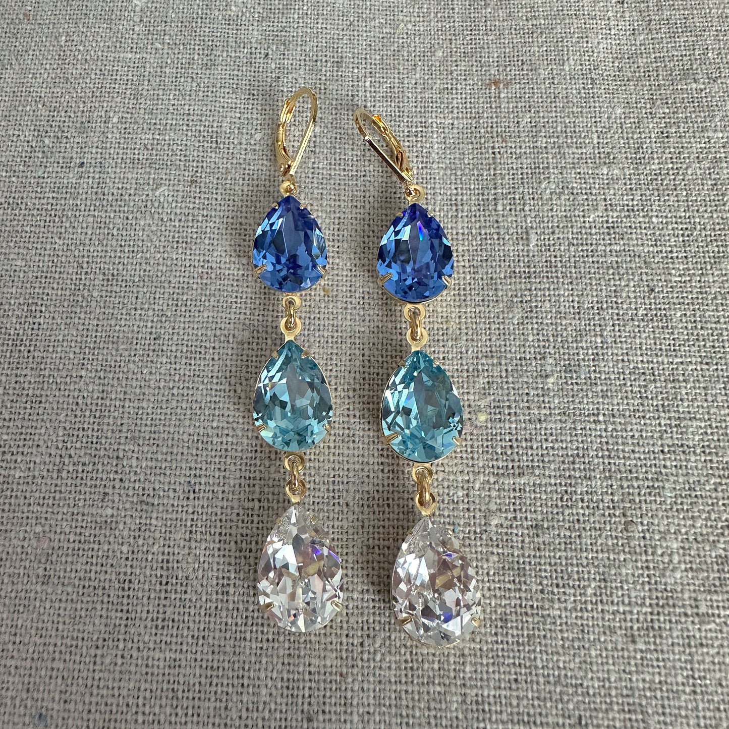 Triple Pear Long Lever Back Earrings • Blue Ombre