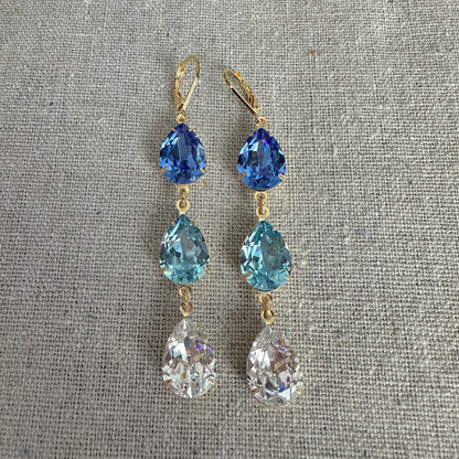 Triple Pear Long Lever Back Earrings • Blue Ombre