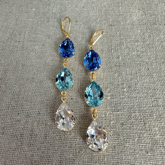 Triple Pear Long Lever Back Earrings • Blue Ombre