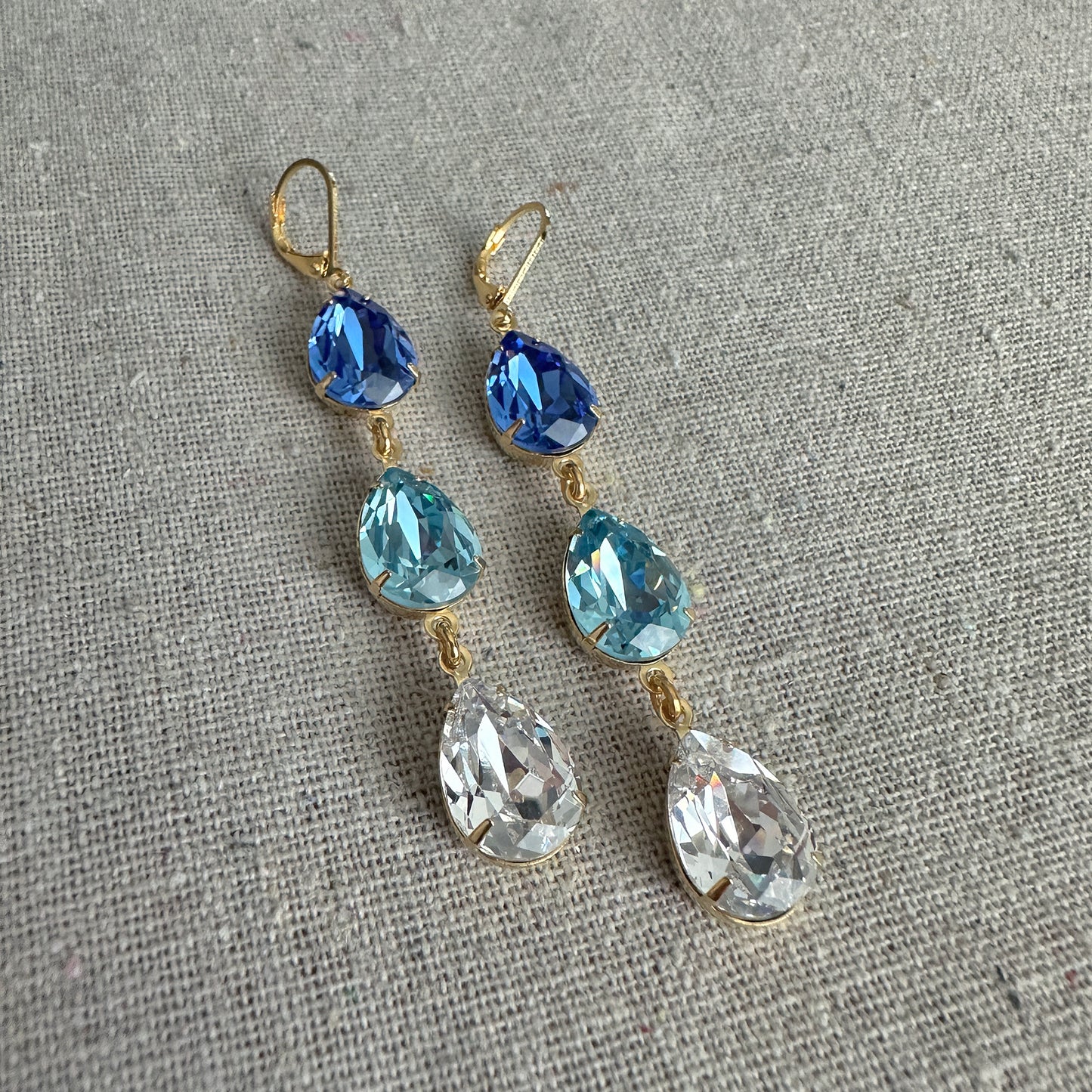 Triple Pear Long Lever Back Earrings • Blue Ombre