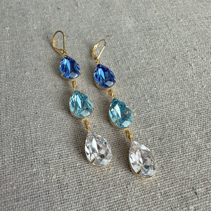 Triple Pear Long Lever Back Earrings • Blue Ombre