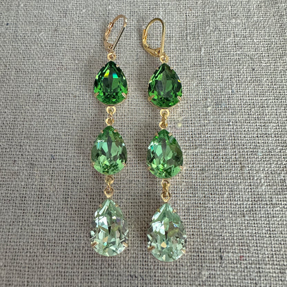 Triple Pear Long Lever Back Earrings • Green Ombre