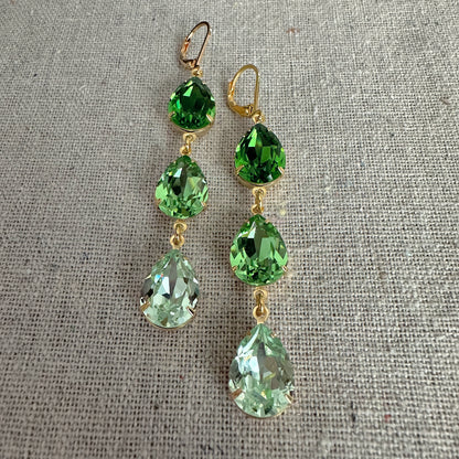 Triple Pear Long Lever Back Earrings • Green Ombre