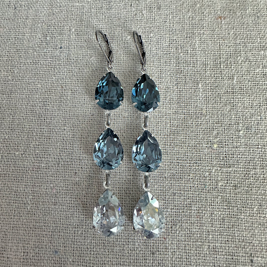 Triple Pear Long Lever Back Earrings • Navy Dusty Blue Ombre