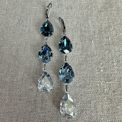 Triple Pear Long Lever Back Earrings • Navy Dusty Blue Ombre