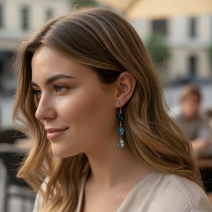 Triple Pear Long Lever Back Earrings • Navy Dusty Blue Ombre