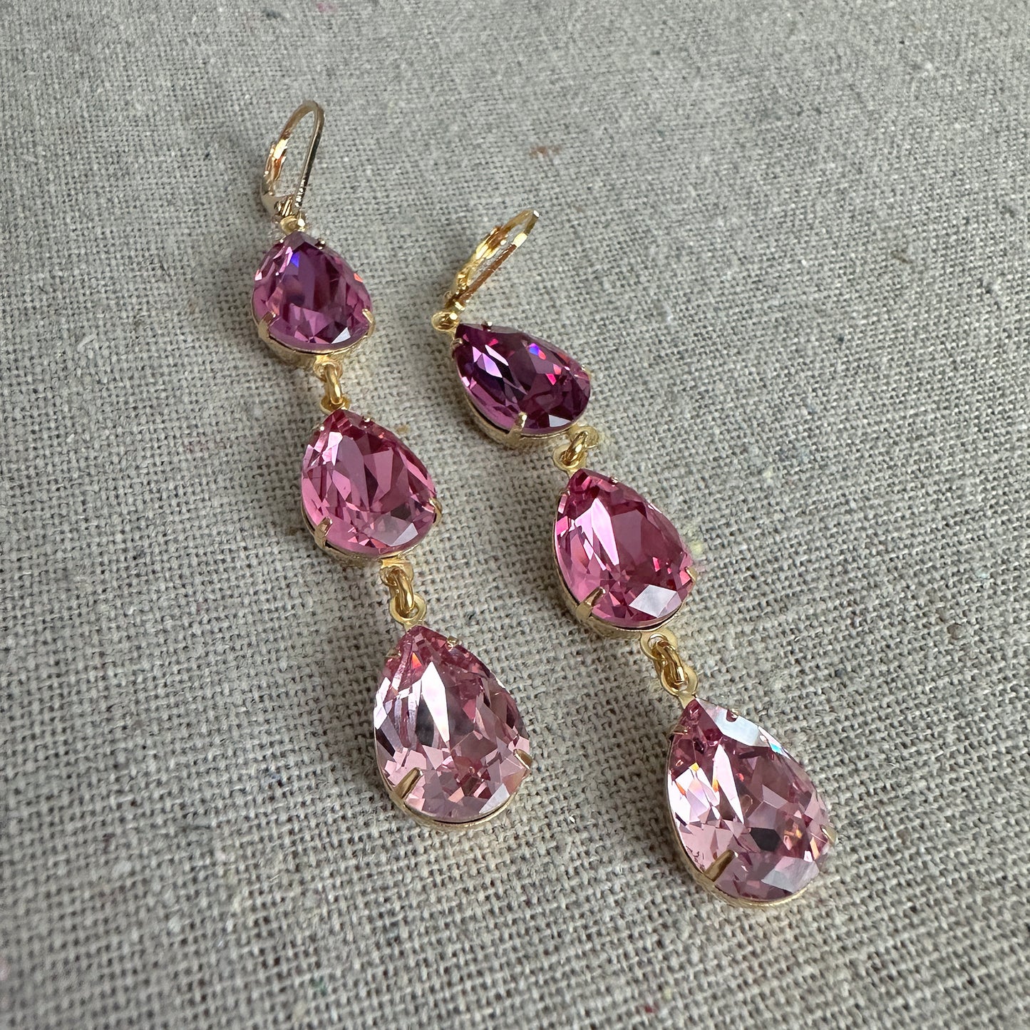 Triple Pear Long Lever Back Earrings • Rose Pink Ombre