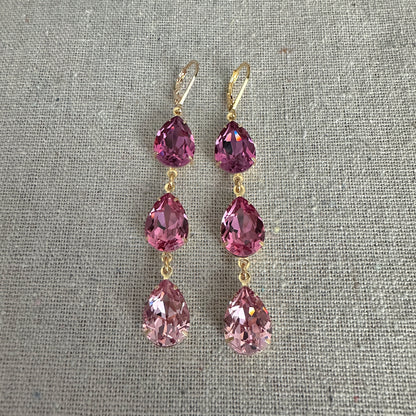 Triple Pear Long Lever Back Earrings • Rose Pink Ombre