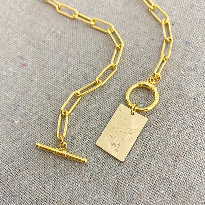 Chunky Paperclip Toggle Initial Necklace • Hammered Pendant